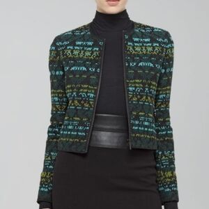 Akris Punto Jacquard Jacket Turquoise/Black 10 Cotton Wool Blend Round Neckline
